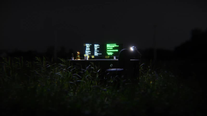 A surreal animation of a computer desk with glowing screens sitting in a grassy field at night with wind turbines in the background