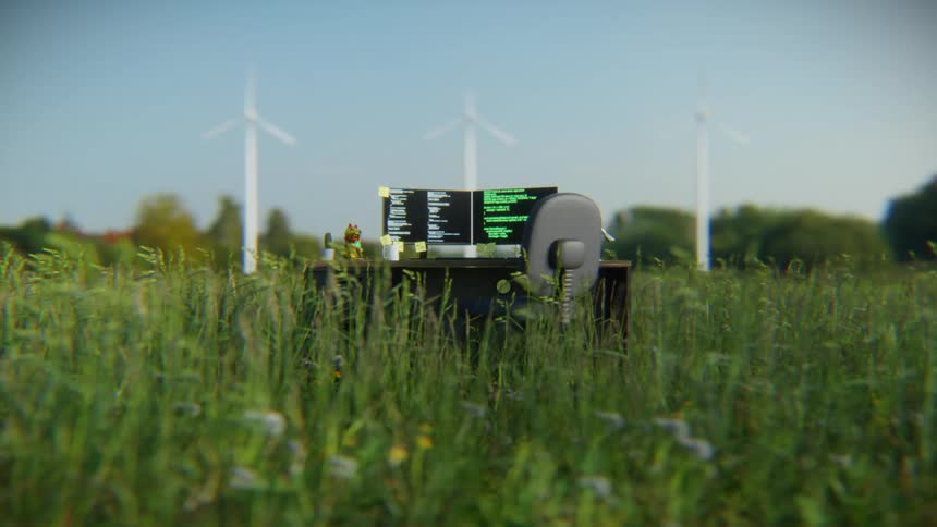 An empty modern office desk with computer monitors sits in a green meadow with wind turbines spinning in the distance