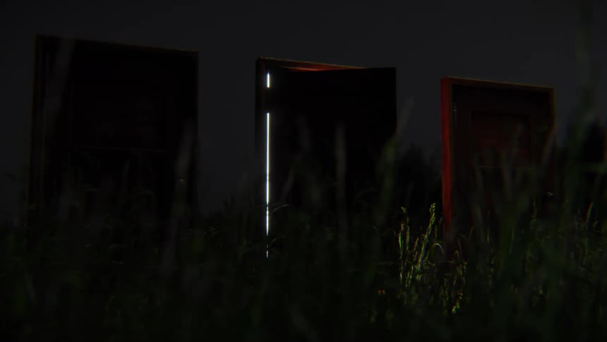 Three mysterious doors stand in a dark, grassy field at night as the middle door opens to reveal a bright light