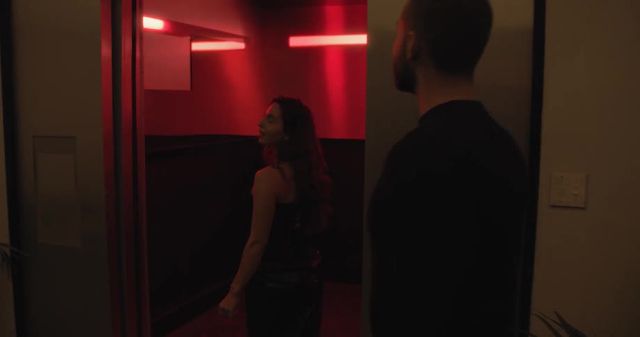 A woman in a black dress seductively invites a man into a moody, red-lit elevator, and the doors close on their intimate moment