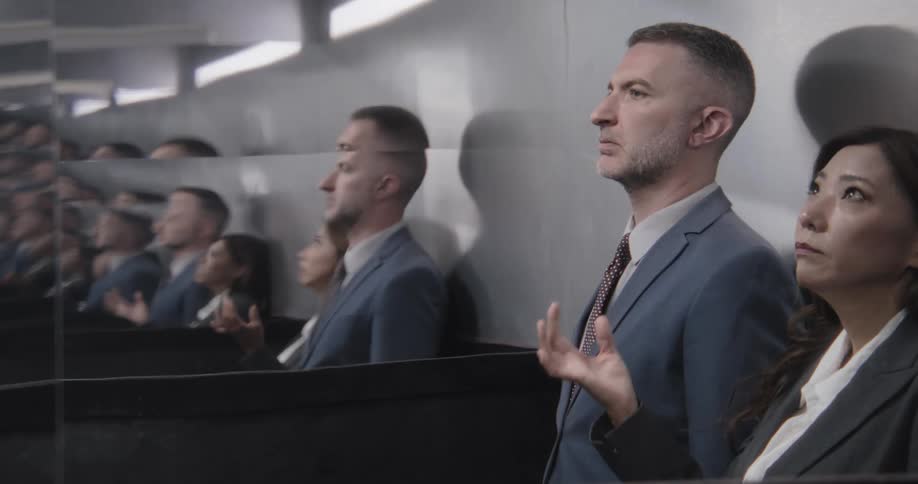Anxious business professionals nervously wait inside a modern elevator with infinity mirrors