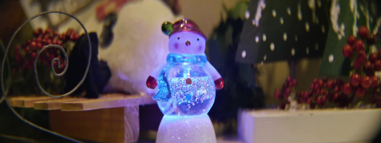 A person placing a snowman snow globe on a shelf