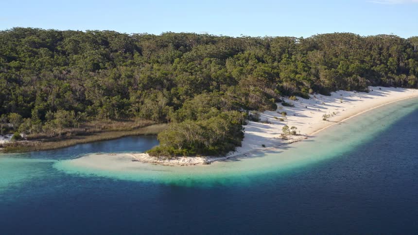 An idyllic aerial view shows the pristine white silica sand beach and the vibrant turquoise and deep blue waters of a beautiful remote lake surrounded by forest