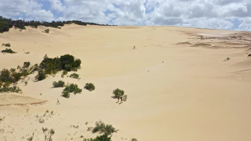 Aerial shot of an adventurous couple hiking across a vast desert of rolling sand dunes under a partly cloudy sky
