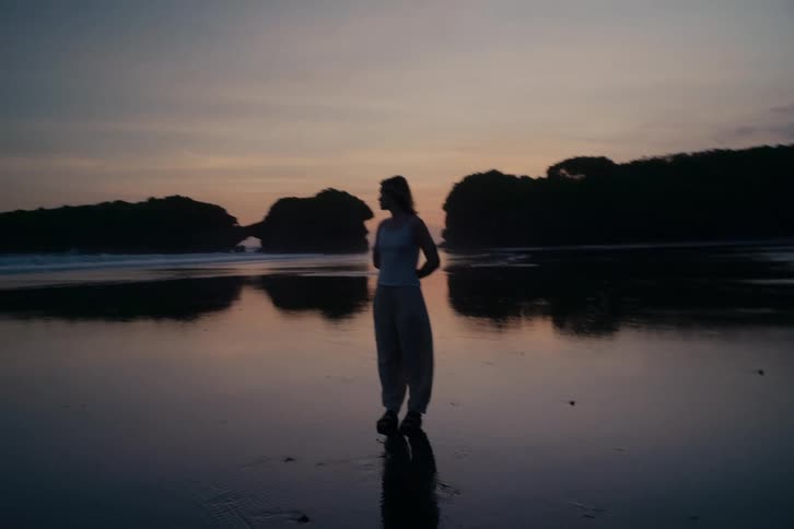 A silhouetted woman stands on a serene, reflective beach at twilight, contemplating the beautiful ocean scenery