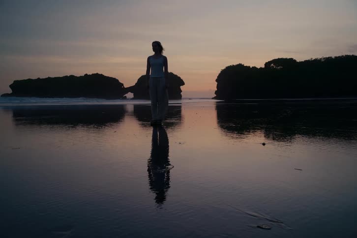 A woman's silhouette is reflected in the wet sand as she slowly walks along the beach at dusk