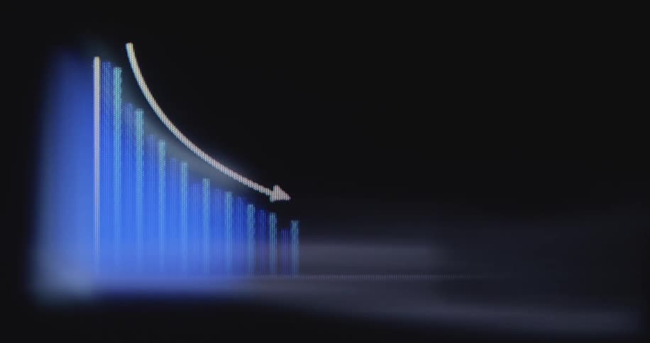 Three variations of an animated digital bar graph show a downward trend, symbolizing financial loss or decreasing statistics