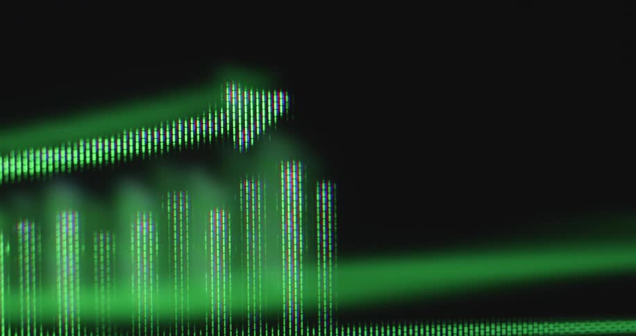 A close-up of a digital screen showing a green bar graph and arrow trending upward, indicating positive growth and financial success