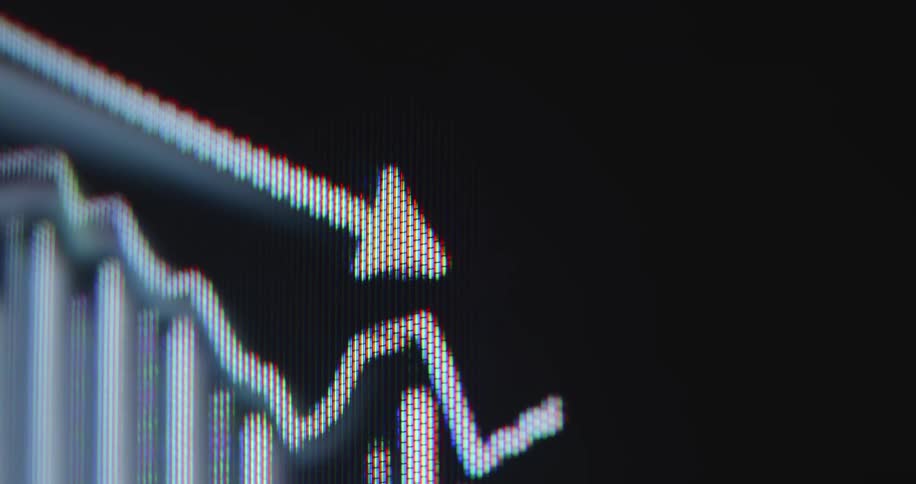 A digital chart with a downward-pointing arrow slowly pans across a screen, symbolizing economic decline