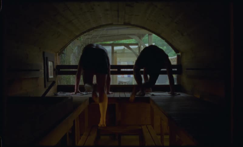 Two men in swim trunks relax inside a dark, rustic wooden barrel sauna with a large window looking out to nature