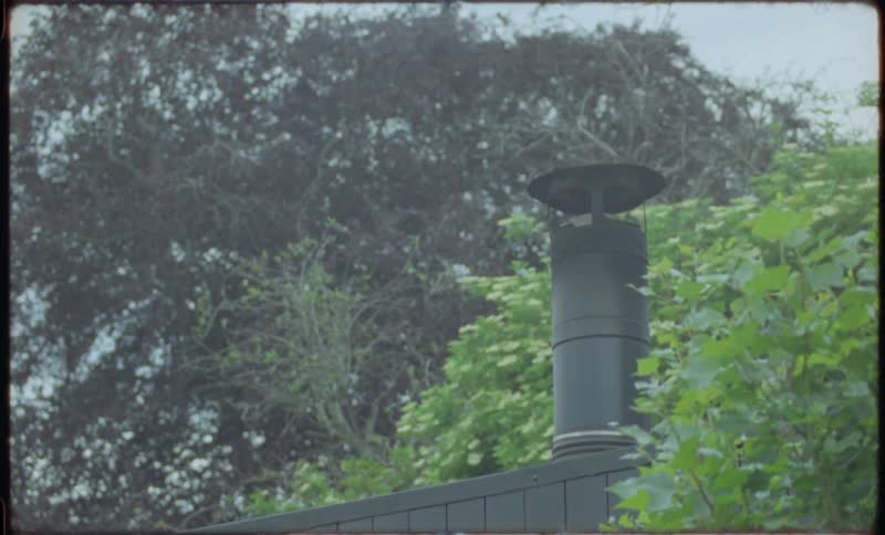 White smoke billows from a black metal chimney on a rooftop surrounded by lush green trees, captured on vintage-style film