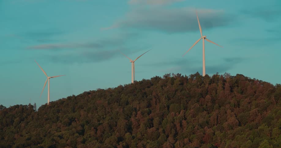 Three large wind turbines generate clean energy while spinning atop a lush, tree-covered mountain against a clear blue sky