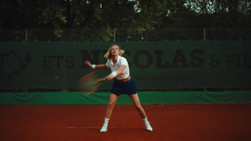 A female tennis player hits forehand and backhand shots in slow motion on a clay court