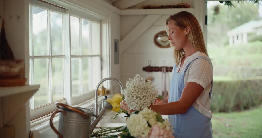 A woman in a blue apron carefully arranges a beautiful bouquet of fresh flowers in a rustic sunlit kitchen