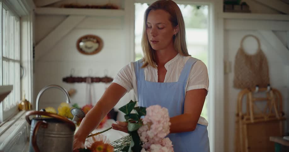 Woman in a blue apron artfully arranges fresh flowers in a charming country kitchen