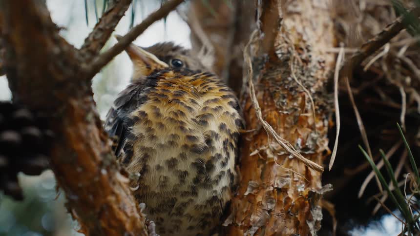 A fledgling with speckled feathers sits patiently on a pine tree branch next to its nest