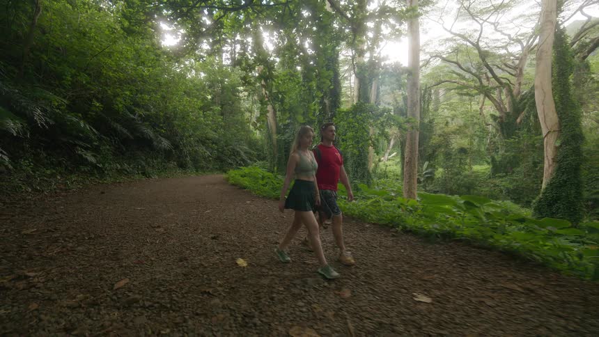 A young couple enjoys a peaceful hike together in slow motion on a trail through a lush tropical rainforest
