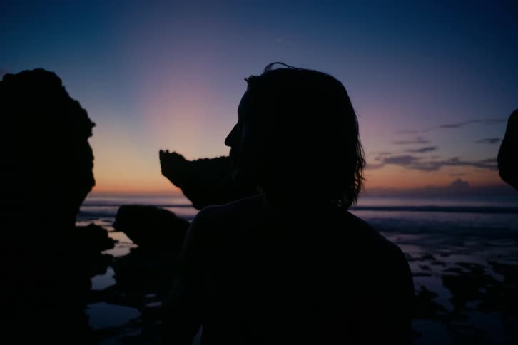 A silhouetted person with long hair turns to look out at the ocean against a beautiful twilight sky
