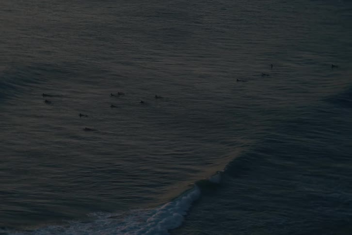 A serene high-angle view captures surfers waiting for waves in the ocean during a peaceful twilight