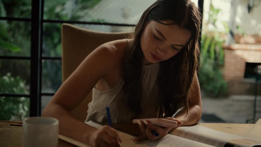 A diligent young woman sits at a wooden table, using her phone to help with her studies and writing notes in a spiral notebook