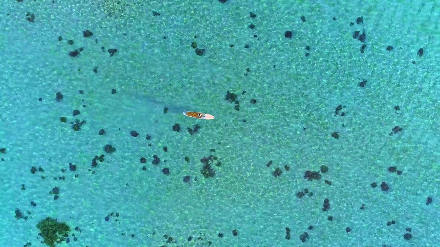 A serene top-down aerial view captures a lone paddleboarder gliding across the crystal-clear, shallow turquoise waters of a tropical lagoon