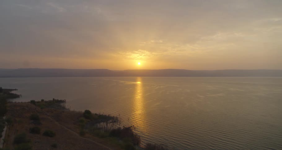 A serene aerial view captures the golden glow of a sunrise reflecting on a vast, calm sea as cars drive along the shoreline road