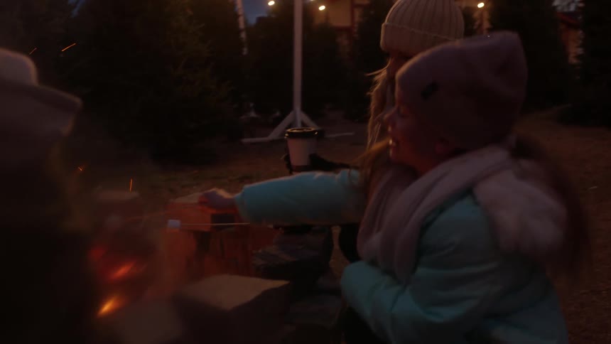 Woman and child roast marshmallows outside at night