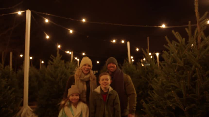 A family stands in a tree park at night