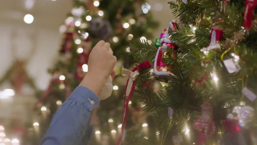 A little girl pulls an ornament from a christmas tree