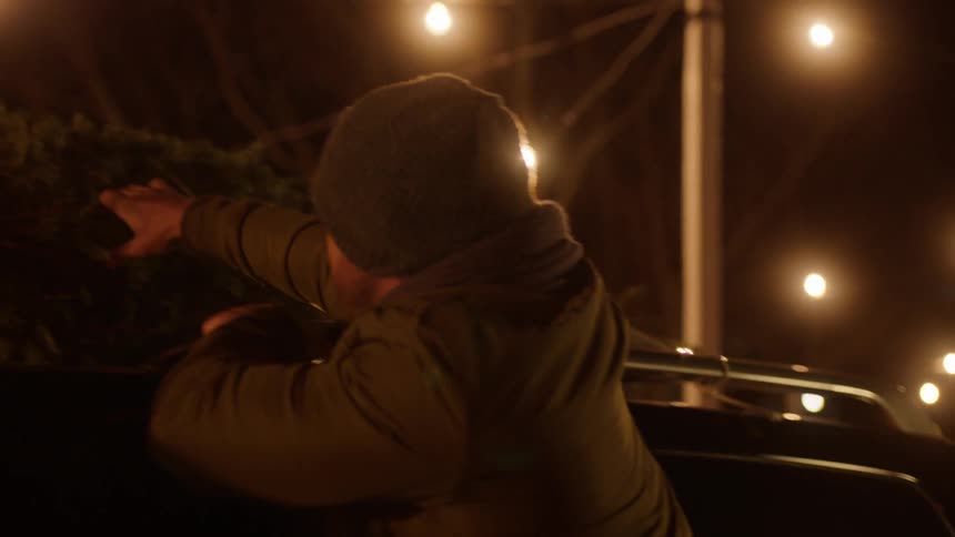 Man ties a tree to the top of a vehicle at night