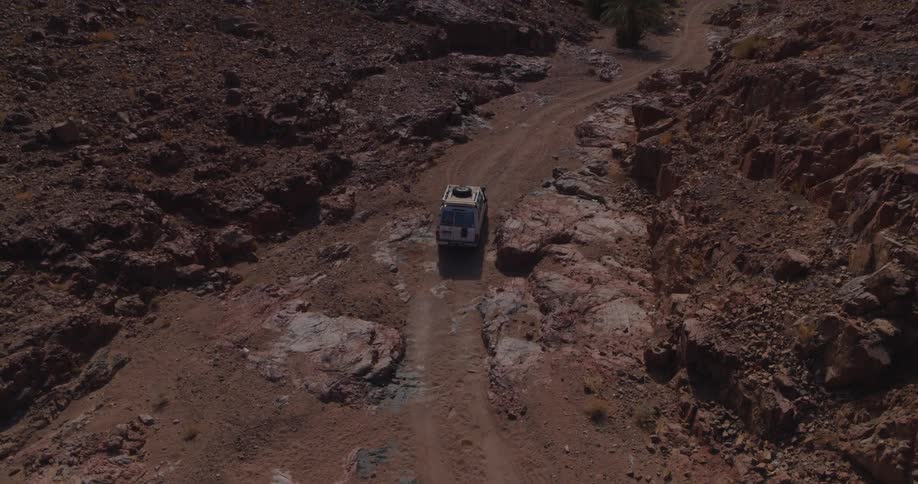 An aerial view follows a white van navigating a rugged dirt track through a remote and rocky desert canyon