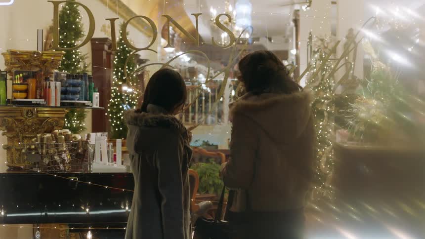 Two women look through a window of a store with christmas  decorations