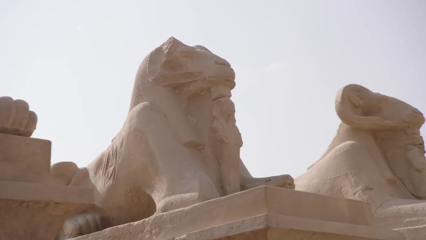 A slow, low-angle pan reveals the impressive avenue of ancient ram-headed sphinx statues at the Karnak Temple in Egypt