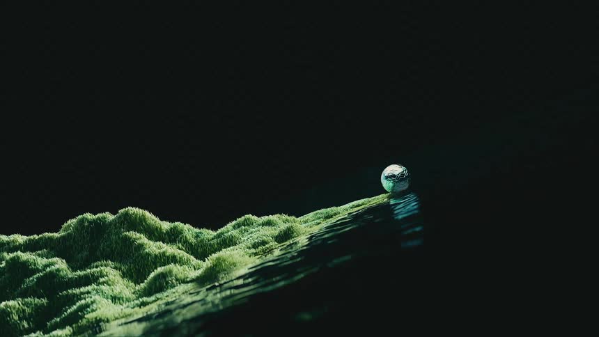 A minimalist digital animation of a reflective soccer ball rolling down a surreal, furry green landscape against a dark background