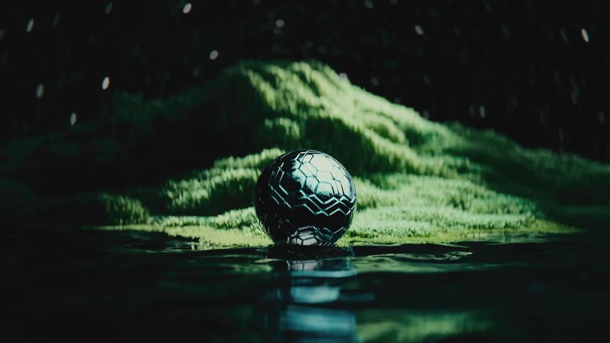 A slow zoom reveals a futuristic chrome soccer ball resting on a vibrant green mossy hill surrounded by dark, reflective water