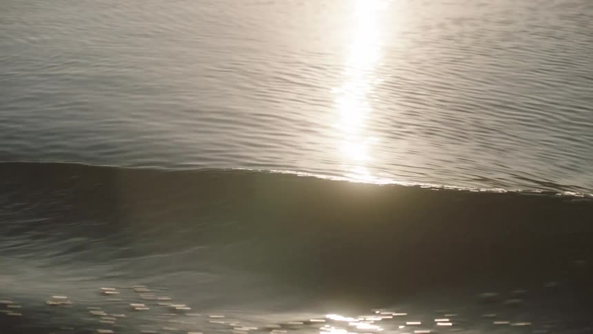 A serene, slow-motion close-up of a small wave rolling across the water's surface as the sun glitters