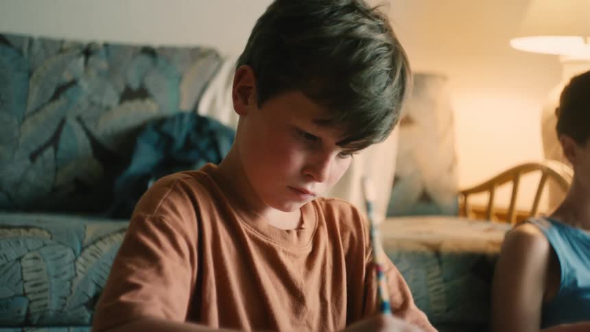 A focused young boy with freckles carefully writes on a paper with a pencil while doing his homework at home
