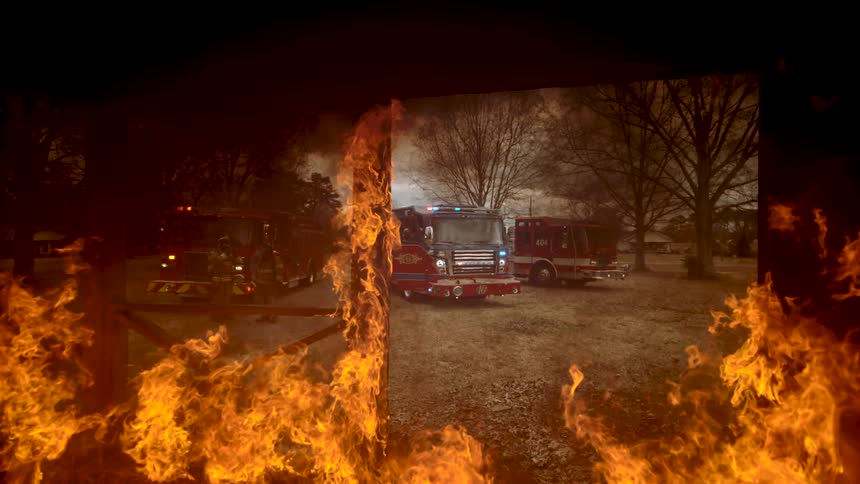 Firetrucks with flashing lights are on the scene of an emergency, viewed through an intense wall of flames