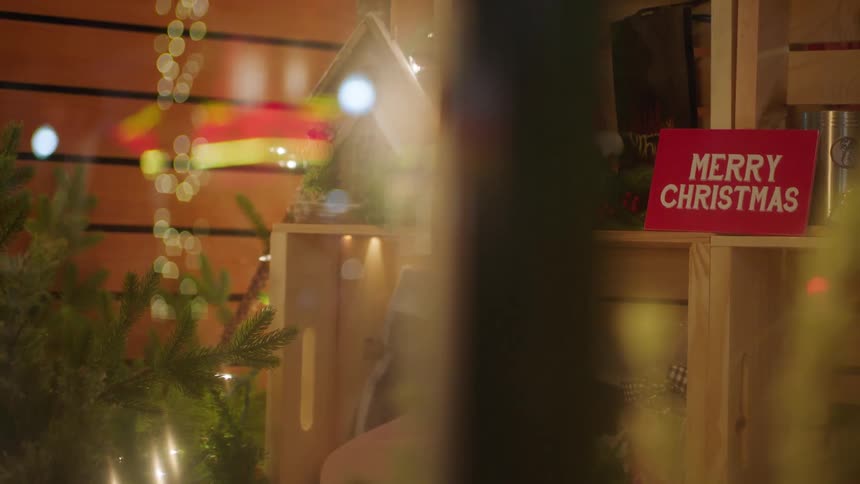 A merry christmas postcard is sitting on shelves in a shop