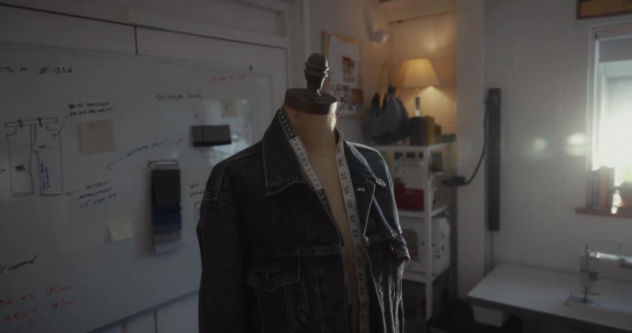 A slow pull-back shot reveals a denim jacket on a mannequin in a sunlit fashion designer's studio