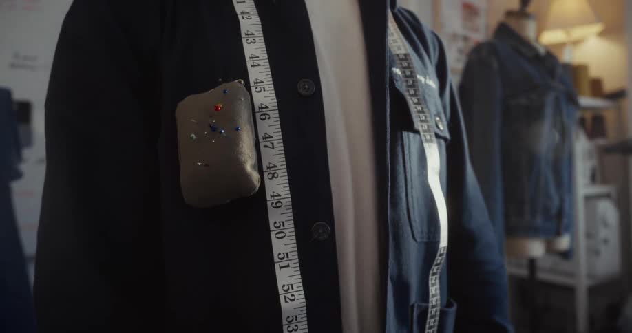 A close up on the torso of a tailor with a measuring tape around their neck and a pin cushion on their jacket