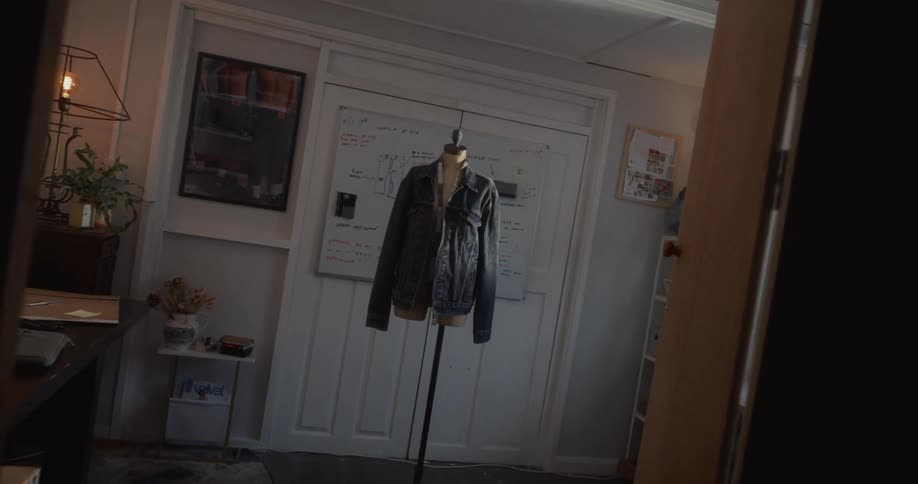 A slow, atmospheric dolly shot reveals a denim jacket on a mannequin in a sun-drenched fashion designer's workshop