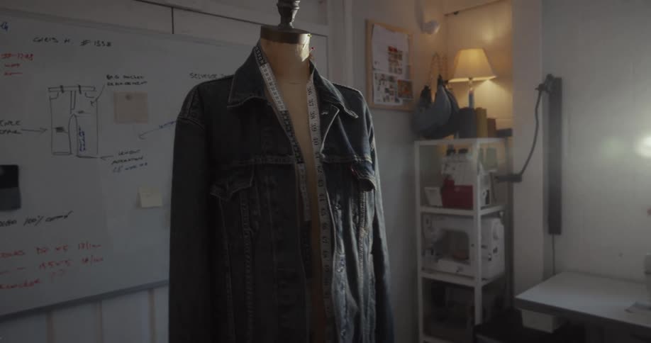 A sun-drenched fashion design studio featuring a denim jacket on a mannequin next to a design whiteboard