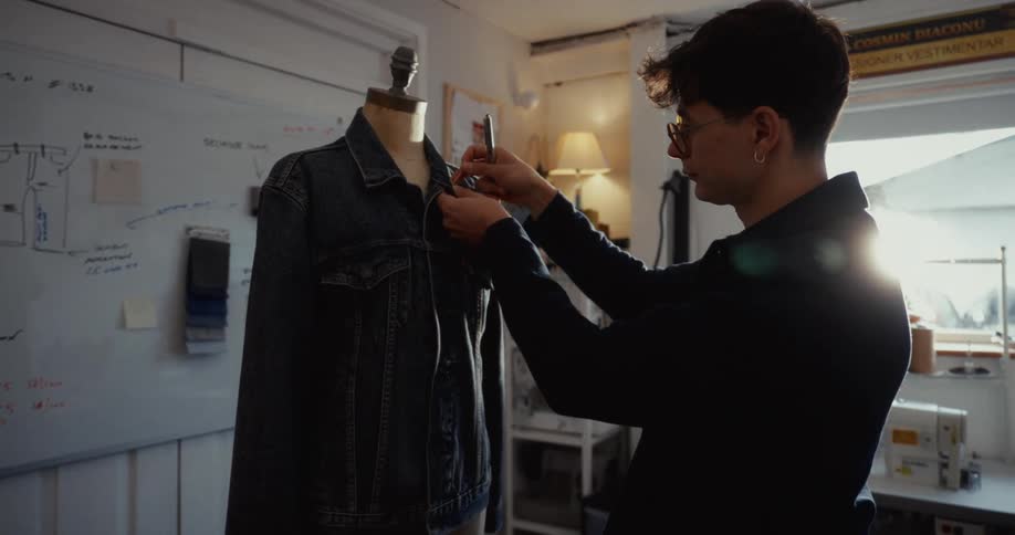 A young fashion designer meticulously pins a fabric swatch onto a denim jacket on a mannequin in his sunlit studio