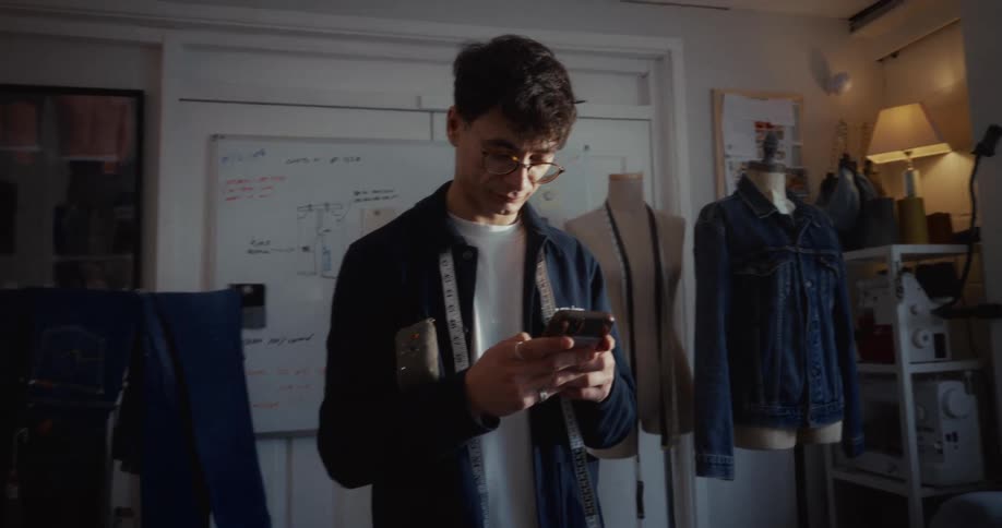 A young male fashion designer wearing glasses checks his smartphone while standing in his cozy design studio
