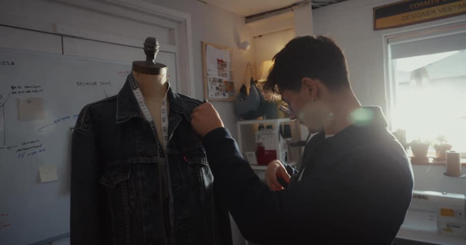 Young male fashion designer carefully adjusts a denim jacket on a mannequin in his sunlit creative studio