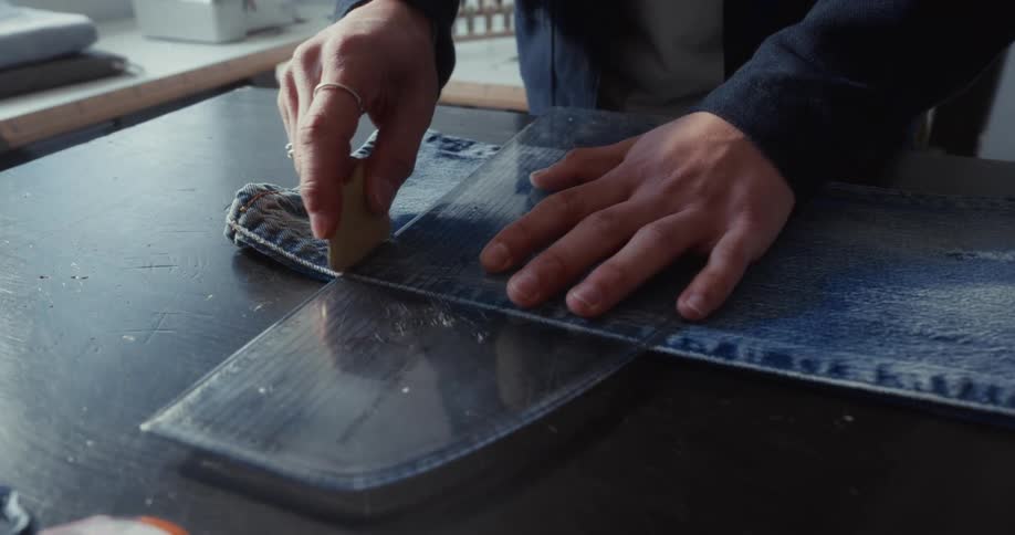 A tailor carefully marks a pattern line on a pair of denim jeans with a template and chalk in a workshop