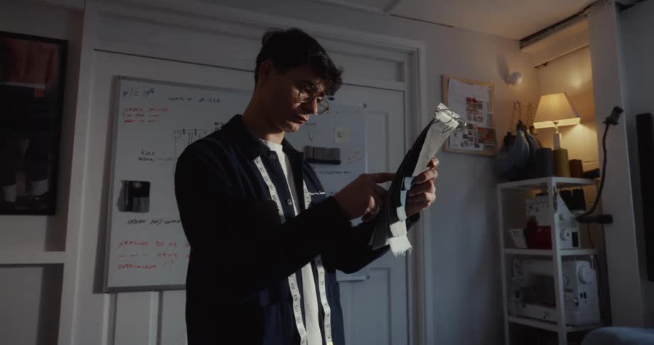 A focused young male fashion designer carefully selects fabric from a sample book in his creative studio