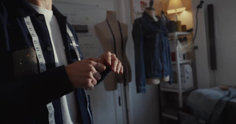 A passionate fashion designer with glasses talks and gestures enthusiastically in his studio workshop in slow motion