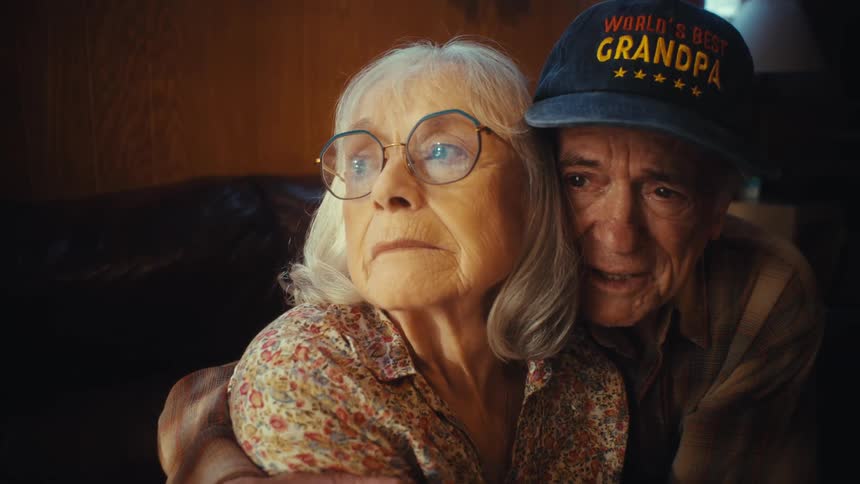 A sweet elderly husband wearing a 'World's Best Grandpa' hat embraces his pensive wife as they sit together on a couch at home